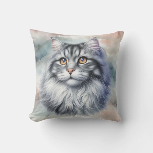 Graceful long haired cat in watercolor throw pillow