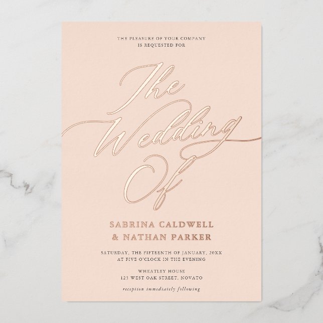Graceful Modern Script Wedding Blush Rose Gold Foil Invitation (Front)