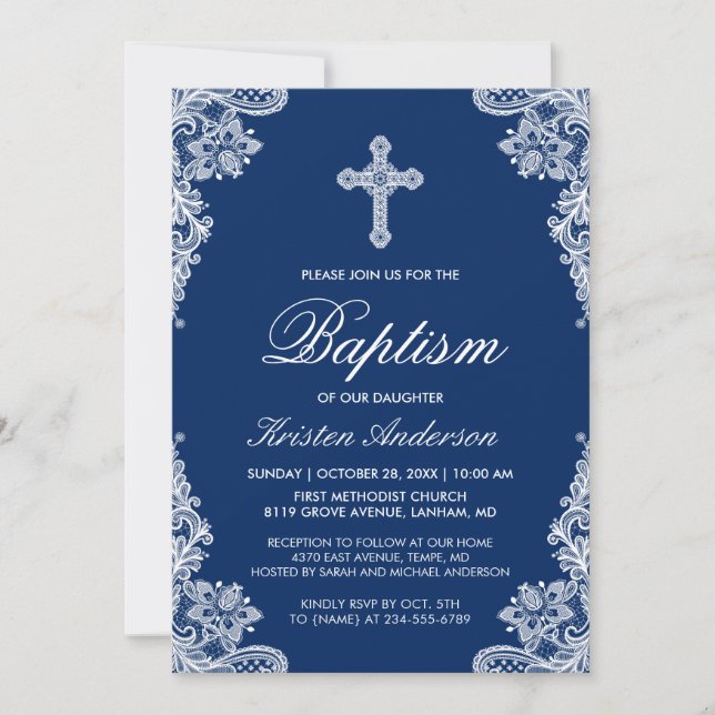 Graceful Navy Blue Lace Cross Baptism Photo Invite (Front)