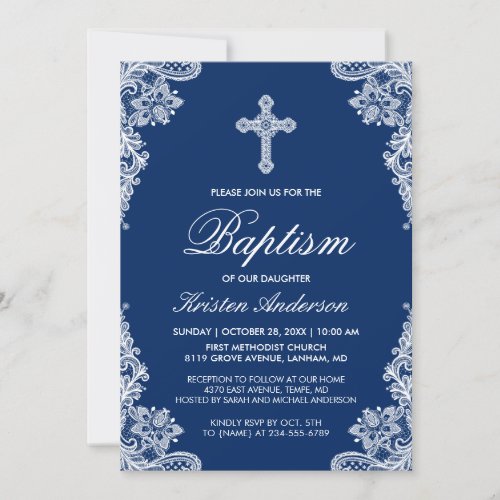 Graceful Navy Blue Lace Cross Baptism Photo Invite