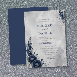 Graceful Navy Camellia Stock Silver Wedding Invitation