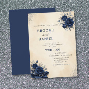 Graceful Navy Rose Fabric Corner Wedding Invitation