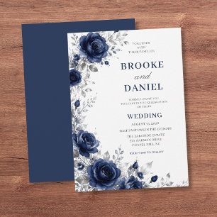Graceful Navy Rose Silver Crescent Wedding Invitation