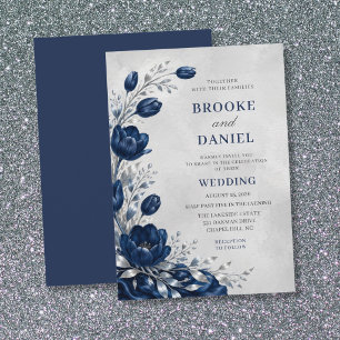 Graceful Navy Tulip Silver Crescent Fabric Wedding Invitation