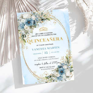 Graceful Pastel Blue Gold Eucalyptus 15th Birthday Invitation