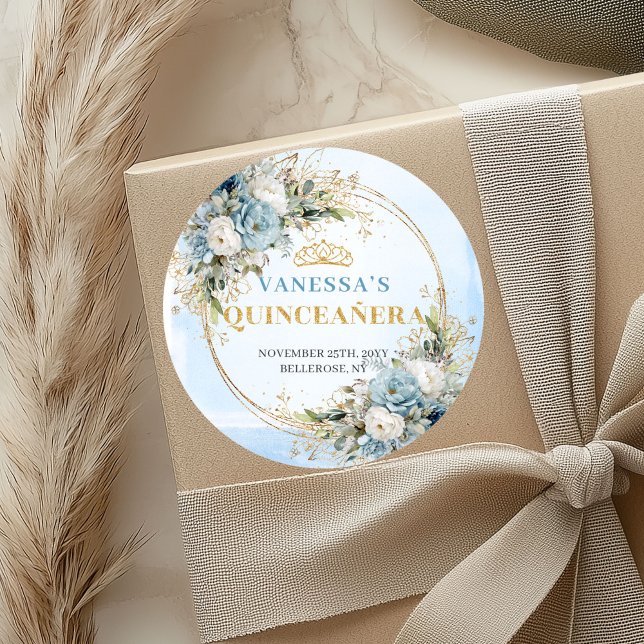 Graceful Pastel Blue Gold Eucalyptus Quinceañera   Classic Round Sticker (Graceful Pastel Blue Gold Eucalyptus Quinceañera Sticker

)