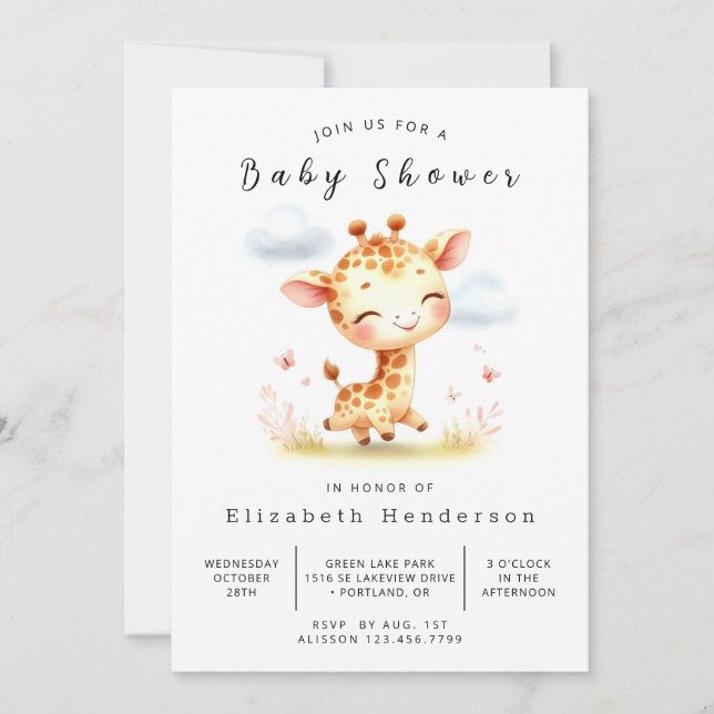 Graceful Printable Giraffe Baby Shower Invitation (Front)