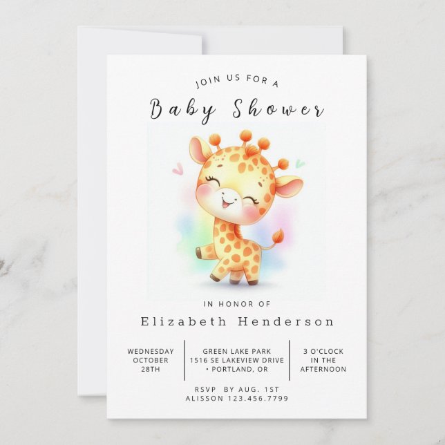 Graceful Printable Giraffe Baby Shower Invitation (Front)