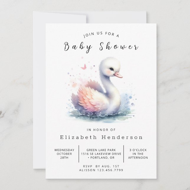 Graceful Printable Swan Baby Shower Invitation (Front)