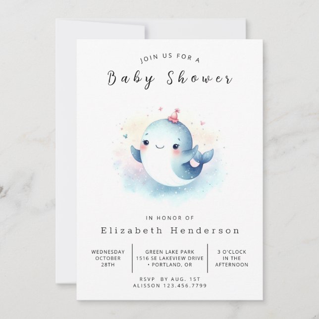 Graceful Printable Whale Baby Shower Invitation (Front)