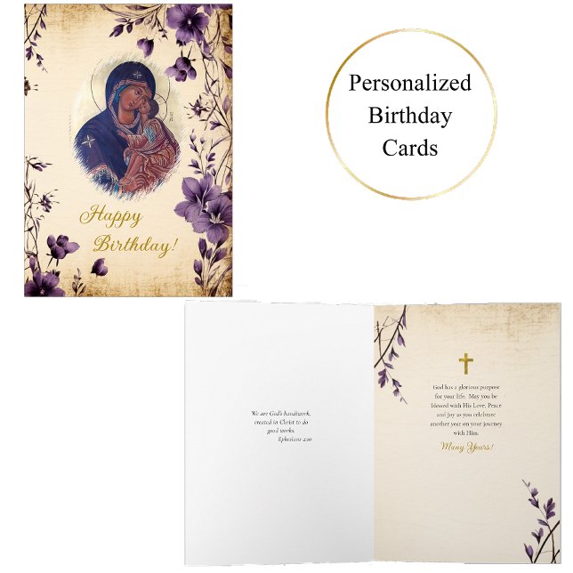 Graceful Purple Flowers Theotokos Icon Birthday Card (Creator Uploaded)
