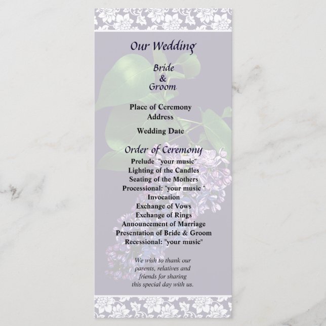 Graceful Purple Lilacs Wedding Program (Front)