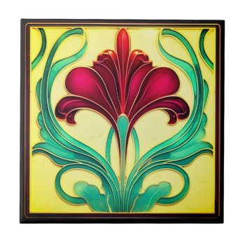 Graceful Red Flower Art Deco Ceramic Tile by AutumnRoseMDS at Zazzle