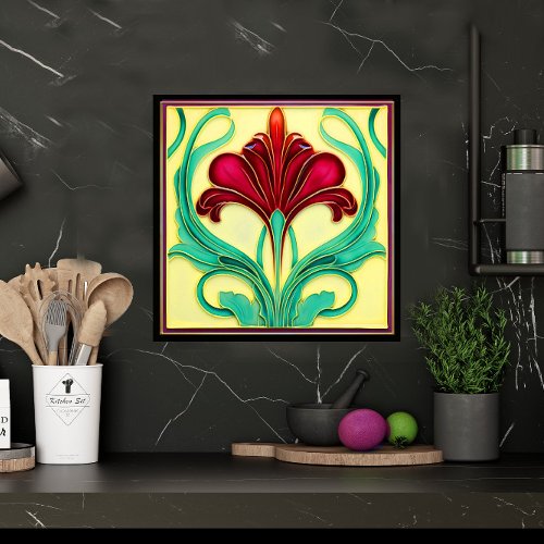 Graceful Red Flower Art Deco Ceramic Tile