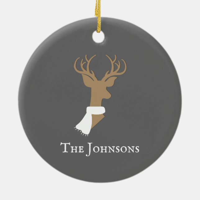 Graceful Reindeer Gold & Gray Personalized Ceramic Ornament (Back)