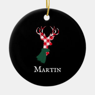 Graceful Reindeer Red Plaid Personalized Name Ceramic Ornament