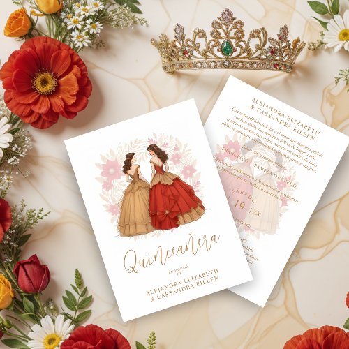 Graceful Romantic Spanish Quinceaera Twins  Invitation