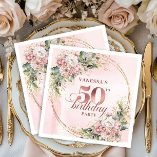 Graceful Rose Gold Blush Flowers 50th Birthday  Napkins