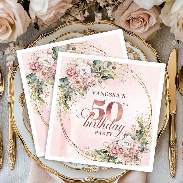 Graceful Rose Gold Blush Flowers 50th Birthday  Napkins (Graceful Rose Gold Blush Flowers 50th Birthday Dinner Napkins

)
