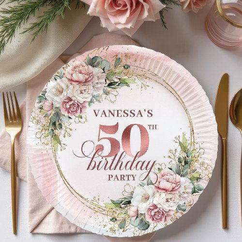 Graceful Rose Gold Eucalyptus 50th Birthday Floral Paper Plates