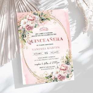 Graceful Rose Gold Floral Greenery Quinceanera Invitation