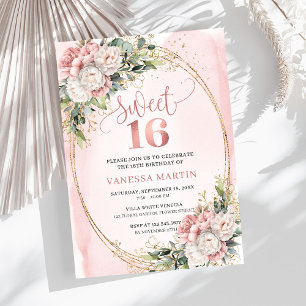 Graceful Rose Gold Floral Greenery Sweet Sixteen Invitation