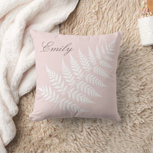 Graceful Script Name Blush Pink White Fern Throw Pillow