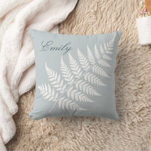 Graceful Script Name Icy Blue White Fern Throw Pillow
