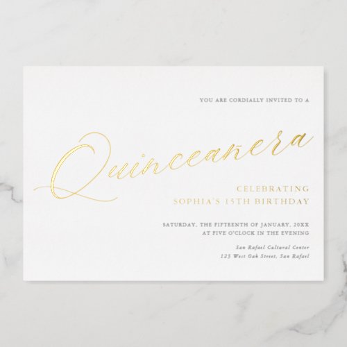 Graceful Script Quinceaera Birthday Party Gold Foil Invitation