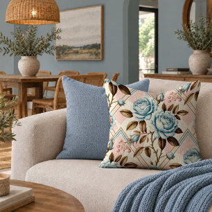 Graceful Shabby Chic Roses Blush Pastel Blue Art Throw Pillow