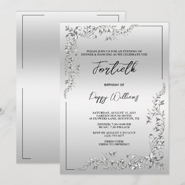 Graceful Stylish Silver Decoration Birthday Party Invitation (Front/Back)
