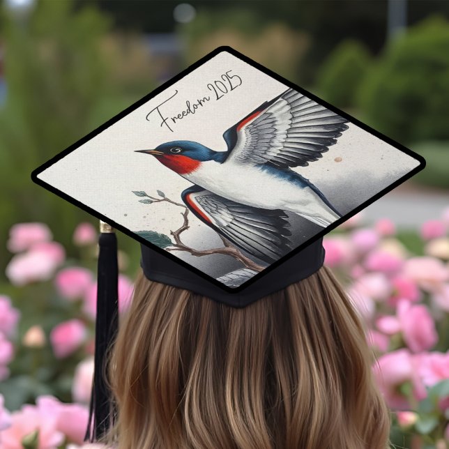 Graceful Swallow Elegant Dynamic Bird in Flight Graduation Cap Topper (Elegant swallow in flight graduation cap decoration in traditional Japanese style, symbol of freedom)