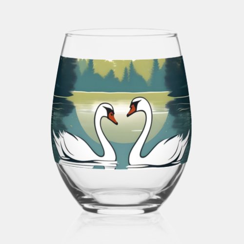 Graceful Swan Couple Stemless Wine Glass