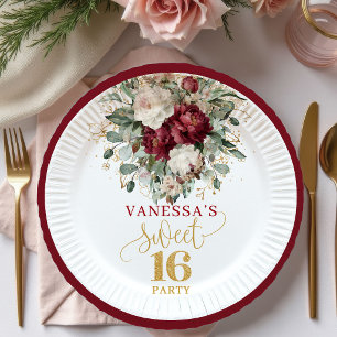 Graceful Sweet 16 Blush Burgundy Party Plates