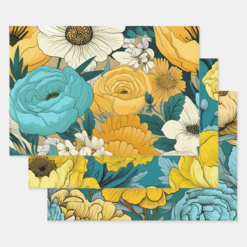 Graceful Teal Yellow  White Floral  Wrapping Paper Sheets