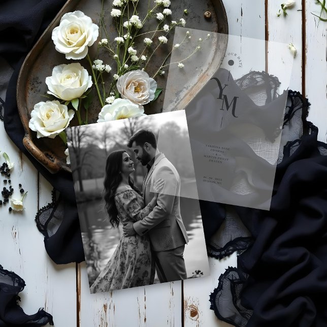 Graceful Vellum Transparency Elegant Black & White Invitations (Graceful Vellum Transparency Elegant Black & White Vellum Overlay Paper for Wedding Save the Date.)