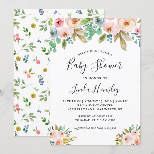 Graceful Watercolor Floral Girl Baby Shower Card