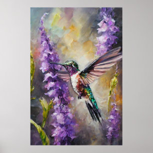 Graceful Watercolor Hummingbird Purple Garden Art Poster