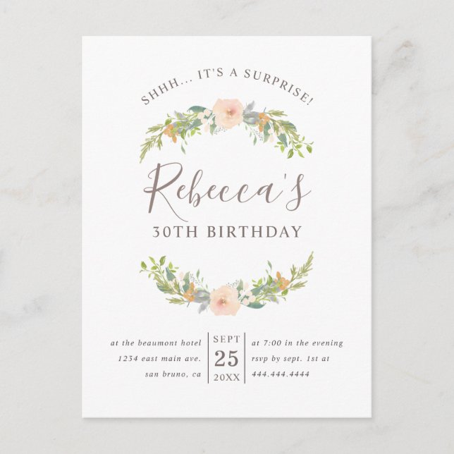 Graceful Watercolor Spring Wreath Surprise Party Invitation Postcard (Front)