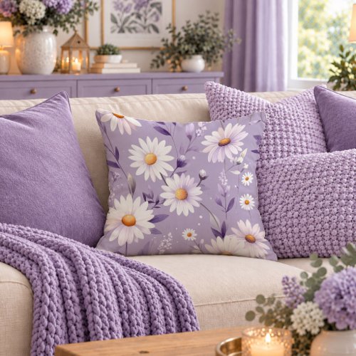 Graceful White Daisy Pastel Purple Accent Pillow