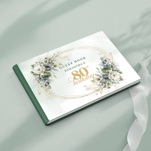 Graceful White Roses Gold 80th Birthday Guest Book
