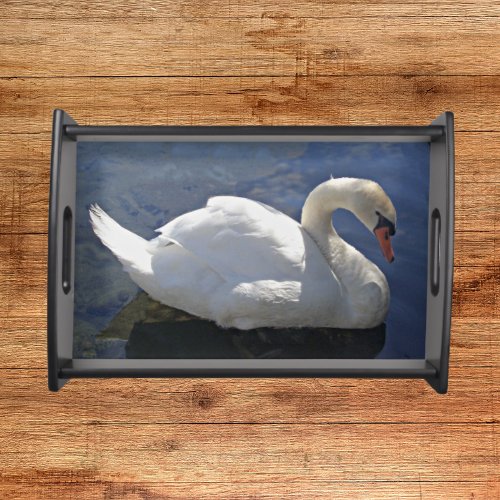 Graceful White Swan on Lake Photo Serving Tray