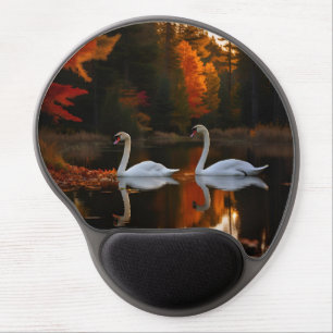 Graceful White Swans Gliding Across Autumn Pond Gel Mouse Pad