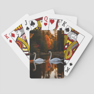 Graceful White Swans Gliding Across Autumn Pond Poker Cards