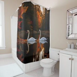 Graceful White Swans Gliding Across Autumn Pond Shower Curtain
