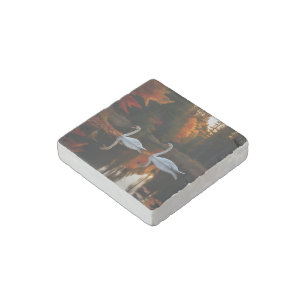 Graceful White Swans Gliding Across Autumn Pond Stone Magnet