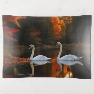 Graceful White Swans Gliding Across Autumn Pond Trinket Tray