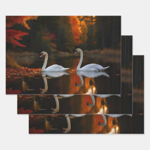 Graceful White Swans Gliding Across Autumn Pond Wrapping Paper Sheets