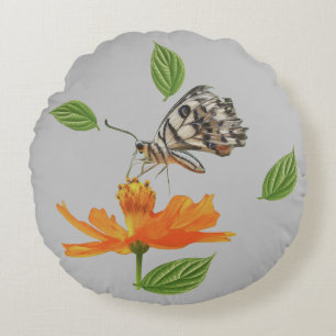 "Graceful Wings: A Butterfly in Bloom Round Pillow
