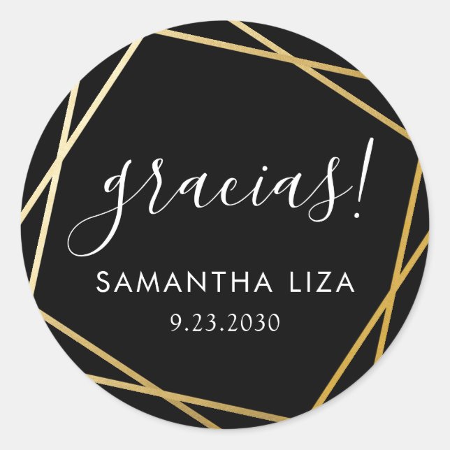 Gracias Black Gold Geometric Modern Favor Classic Round Sticker (Front)